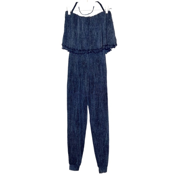 Fuzzi Jumpsuit Strapless Denim Print Ruffle Top Jumpsuit - Picture 2 of 6